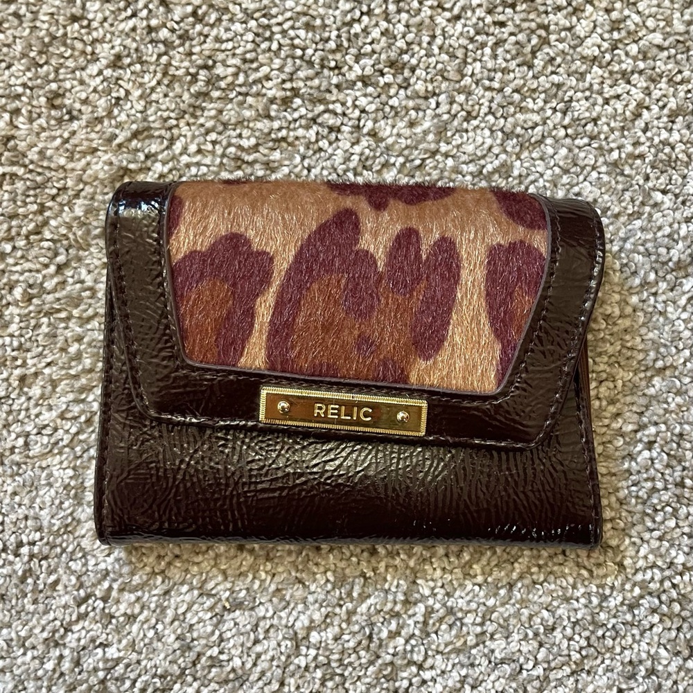 Relic Black Faux Leather Leopard Print Fur Accent Wallet With Gold Hardware